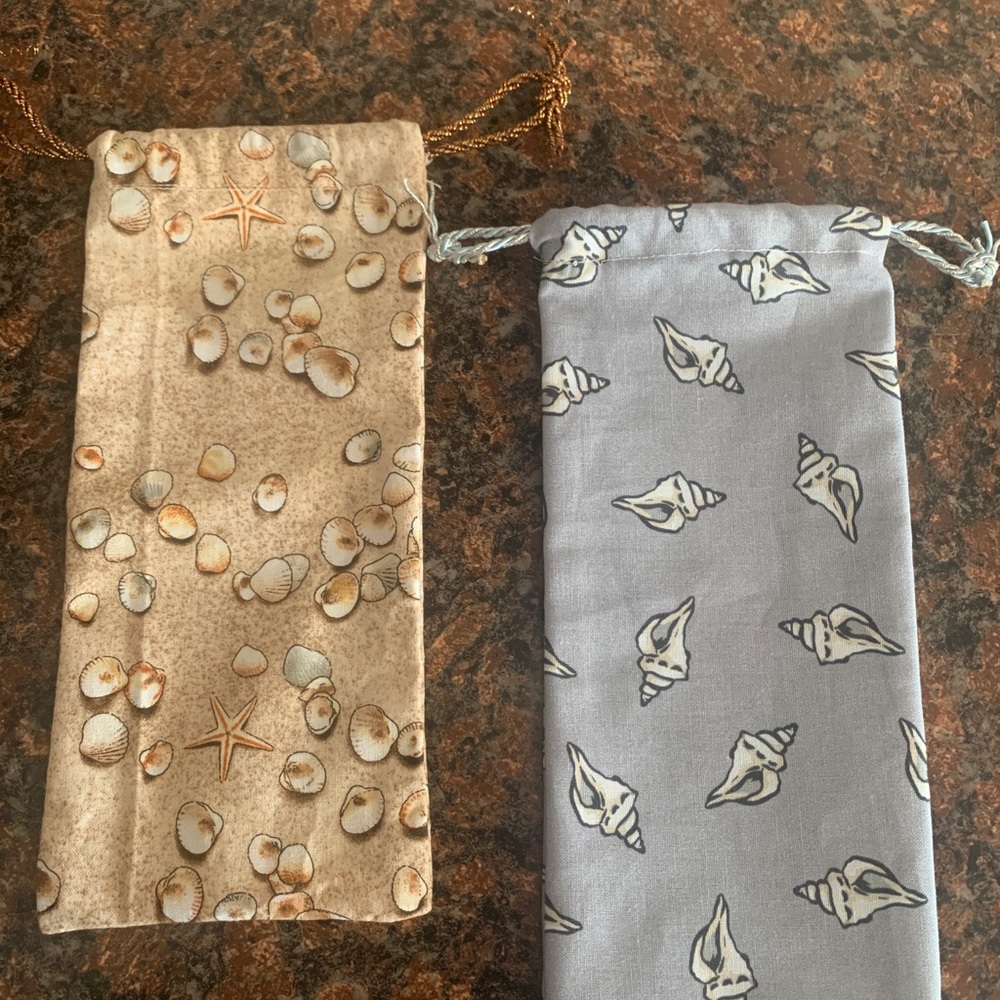 Eye glass cases, pouches set of 2 summer themed sea shells Star fish tan & grey